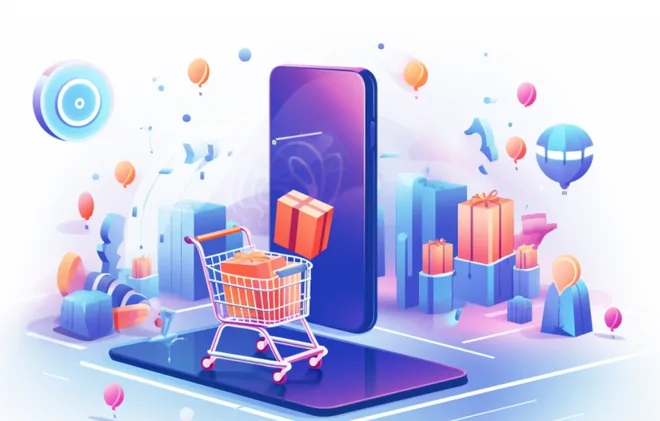 Illustration of a phone with a shopping cart and gift boxes rising out of the screen