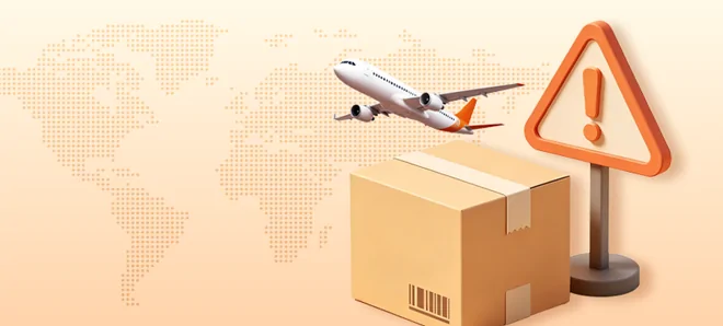Notice graphic showing an aircraft and a parcel over a world map with a warning triangle