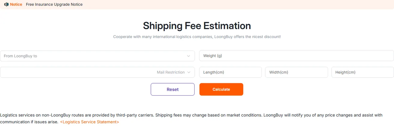 Official shipping estimator with destination, weight and dimensions