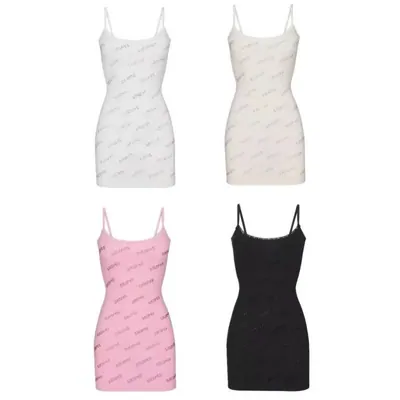 Four sleeveless dresses in white, pink and black