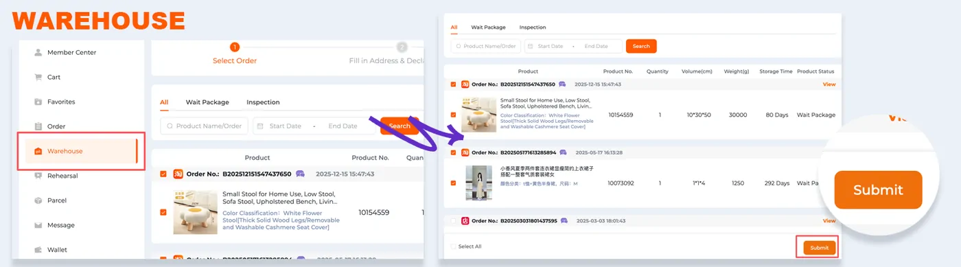 Warehouse items with selection boxes and a parcel submission control